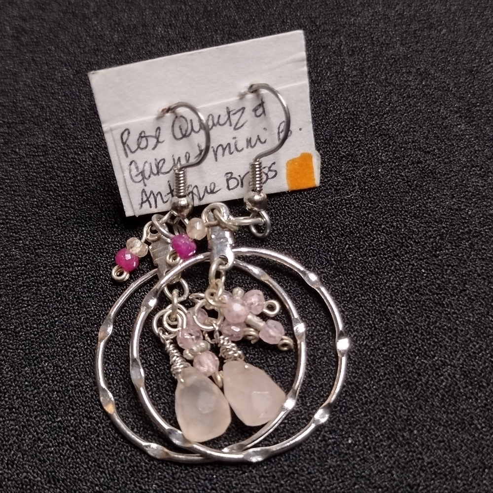 Rose Quartz and Garnet Antique Brass Earrings